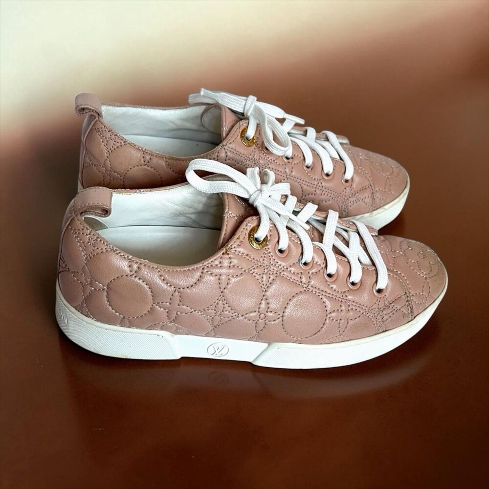 Louis Vuitton Quilted Leather Sneakers Blush Beige Monogram Lace Up Shoes EU 36